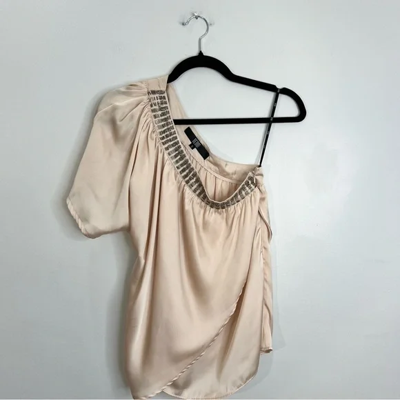 BEDO Femme blush satin beaded neckline one shoulder top S - Picture 2 of 10